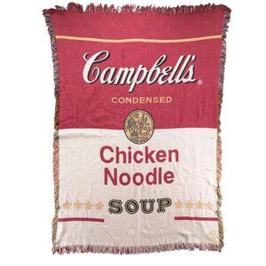 Vtg 90s Campbells Chicken Noodle Soup Throw Blanket Tapestry 44"x63" Fringe